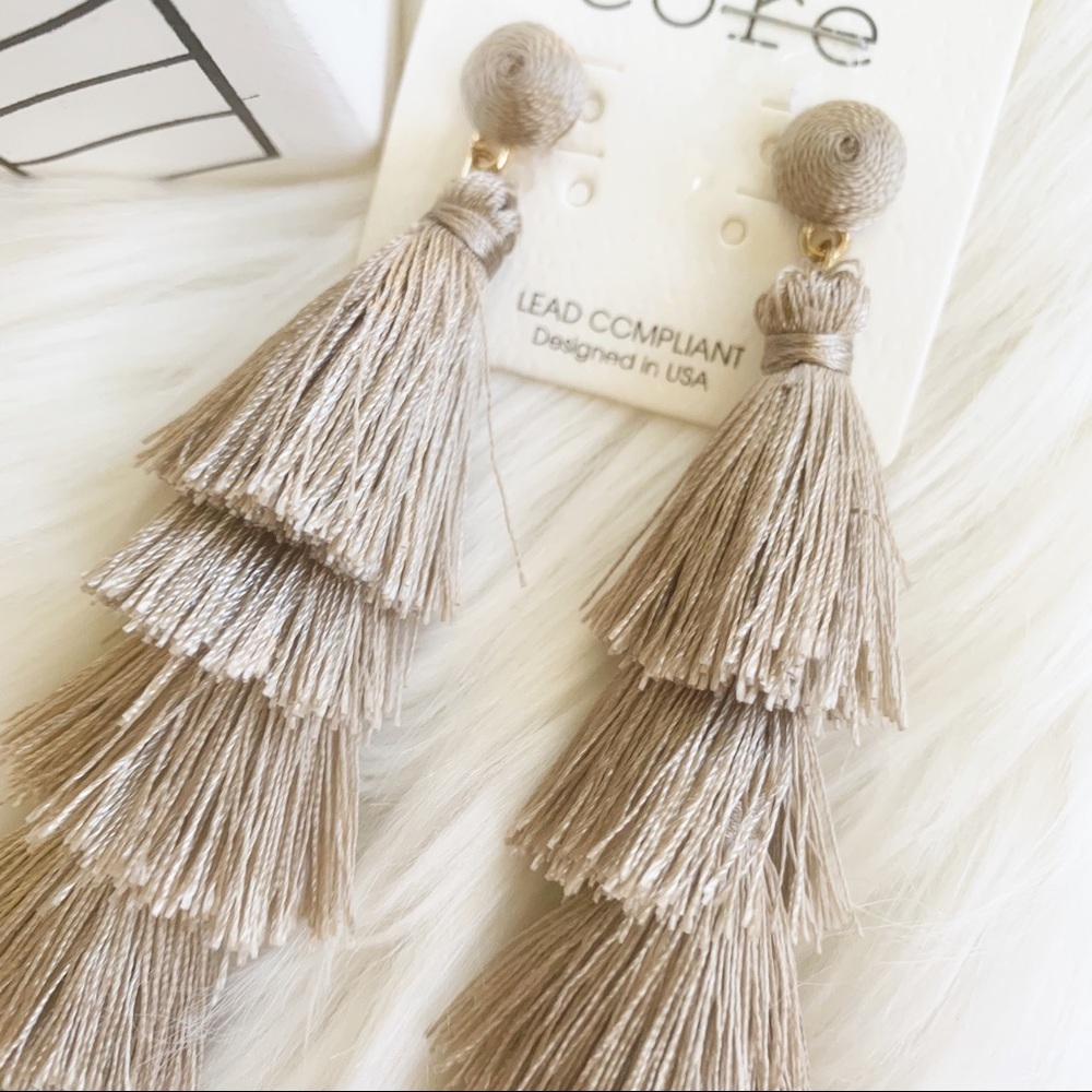 TULIPAN Multi Layer Taupe Tassel Fringe Earrings - Picture 5 of 7